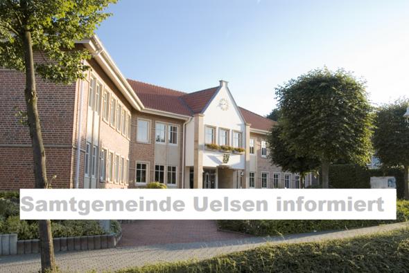 Neues Rathaus Uelsen mit Schriftzug Samtgemeinde Uelsen informiert